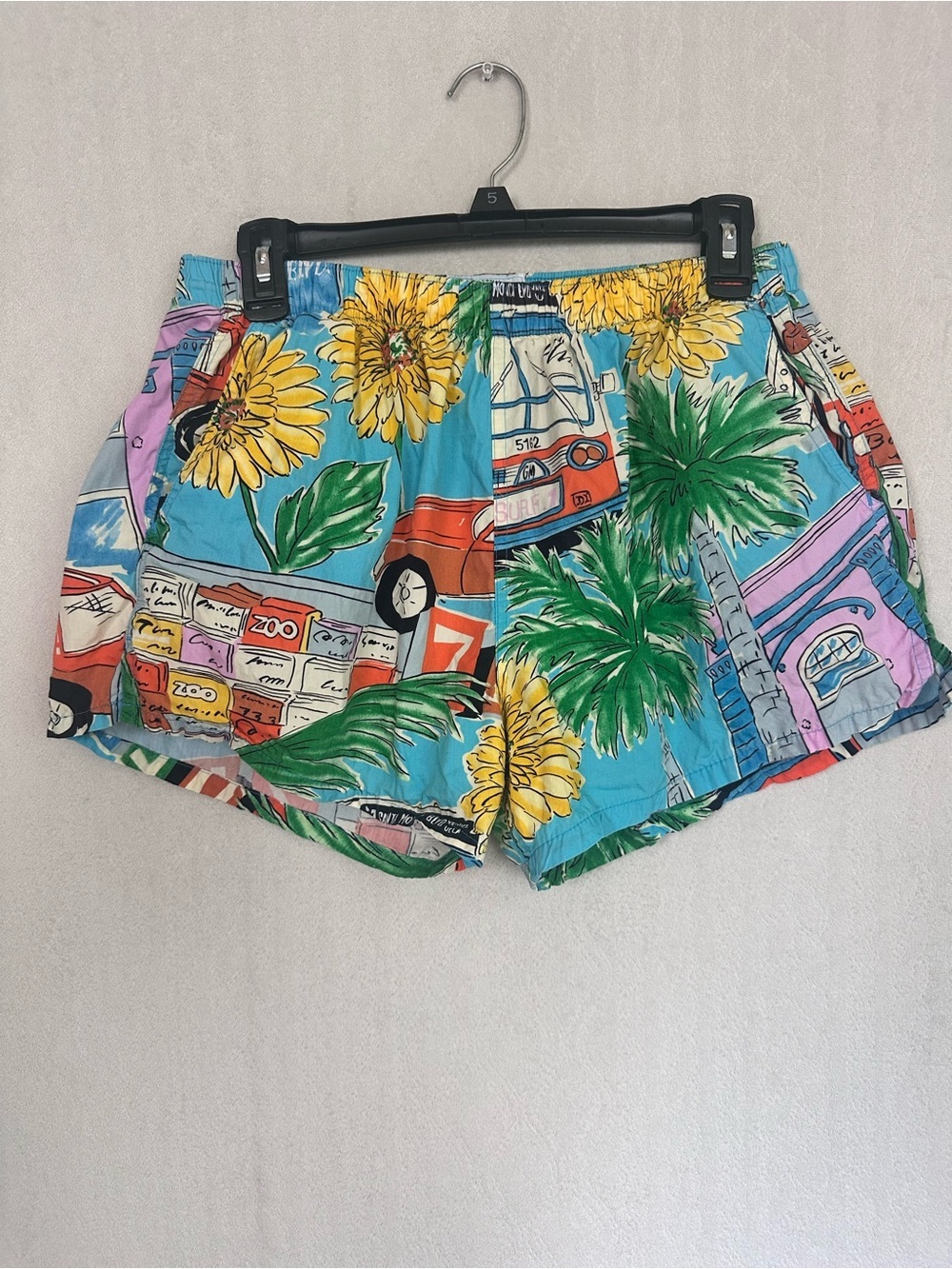 Vintage Jams World Surf Line Hawaii Bright Tropical Sunflower Print Shorts Sz L